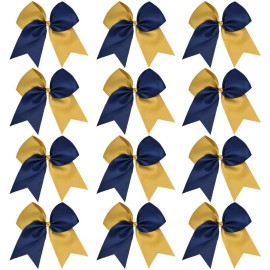 DEEKA 12PCS 8 Two Toned Large Cheer Hair Bows Ponytail Holder Handmade for Teen Girls Softball Cheerleader Sports-Navy Blue/Antique Gold