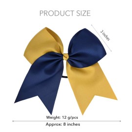 DEEKA 12PCS 8 Two Toned Large Cheer Hair Bows Ponytail Holder Handmade for Teen Girls Softball Cheerleader Sports-Navy Blue/Antique Gold