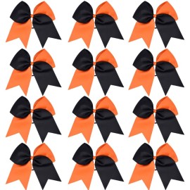 DEEKA 12PCS 8 Two Toned Large Cheer Hair Bows Ponytail Holder Handmade for Teen Girls Softball Cheerleader Sports-Orange/Black