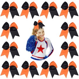 DEEKA 12PCS 8 Two Toned Large Cheer Hair Bows Ponytail Holder Handmade for Teen Girls Softball Cheerleader Sports-Orange/Black