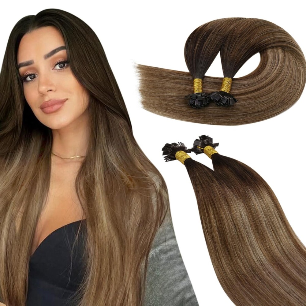 Ugeat Long Flat Tip Hair Extensions Human Hair Darkest Brown K Tip Hair Extensions Real Human Hair Balayage Medium Brown Mix Golden Blonde Remy and Natural 22 Inch 50S 50G