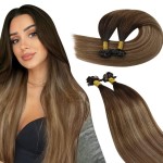 Ugeat Long Flat Tip Hair Extensions Human Hair Darkest Brown K Tip Hair Extensions Real Human Hair Balayage Medium Brown Mix Golden Blonde Remy and Natural 22 Inch 50S 50G