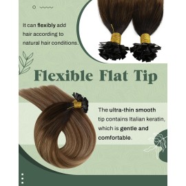 Ugeat Long Flat Tip Hair Extensions Human Hair Darkest Brown K Tip Hair Extensions Real Human Hair Balayage Medium Brown Mix Golden Blonde Remy and Natural 22 Inch 50S 50G