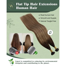 Ugeat Long Flat Tip Hair Extensions Human Hair Darkest Brown K Tip Hair Extensions Real Human Hair Balayage Medium Brown Mix Golden Blonde Remy and Natural 22 Inch 50S 50G