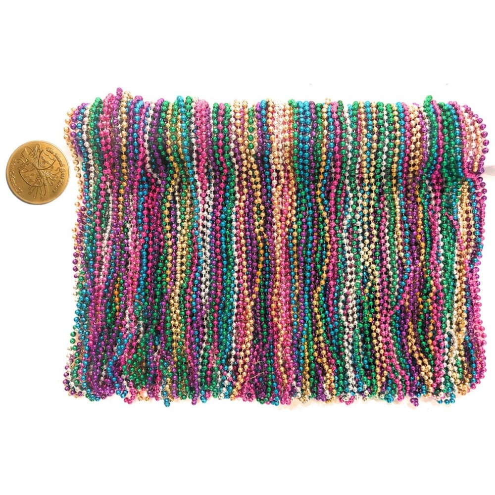 Mardi Gras Beads 33 inch 7mm, 12 Dozen, 144 Pieces, Assorted Necklaces with Doubloon