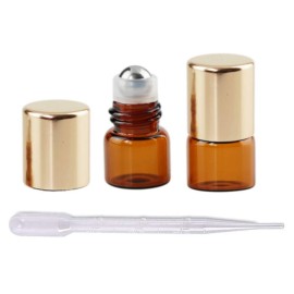 50Pcs 1ml (1/4 Dram) Refillable Empty DIY Mini Travel Glass Roll On Bottles Essential Oils Roller Bottles Perfumes Cosmetic Sample Vials Jar Containers with Gold Lids and Stainless Steel Roller Ball