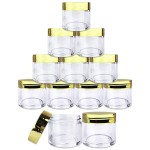 Beauticom 30g/30ml (1 fl. oz.) Double Wall Clear Plastic Leak Proof Jars with Flat Top Lids for Creams, Lotions, Make Up, Powders, Glitters, and more... (Color: Metallic Gold, Pieces: 12)