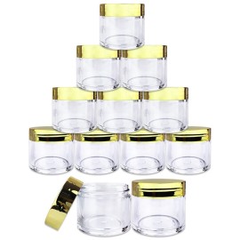 Beauticom 30g/30ml (1 fl. oz.) Double Wall Clear Plastic Leak Proof Jars with Flat Top Lids for Creams, Lotions, Make Up, Powders, Glitters, and more... (Color: Metallic Gold, Pieces: 12)