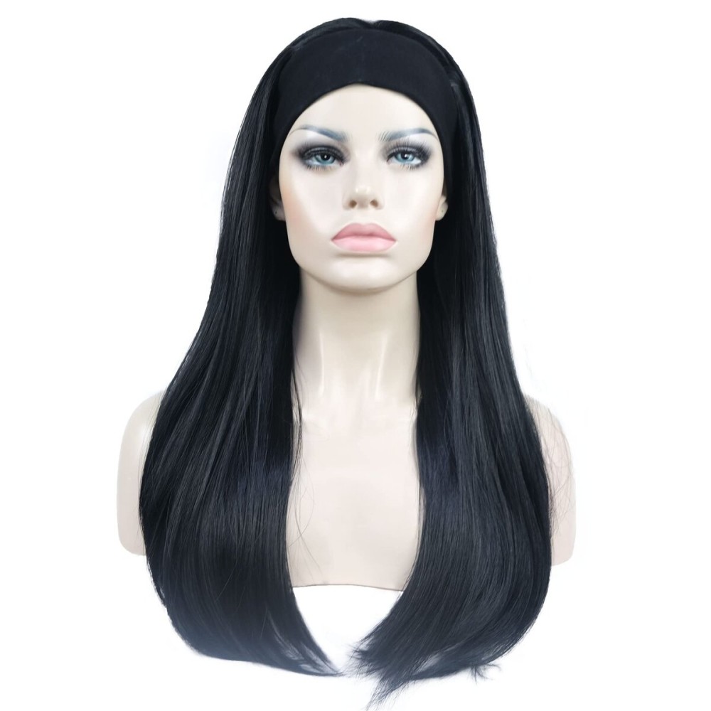 Aimole Long Straight 3/4 Women\'s Wigs Hair Piece Synthetic Hair with Black Headband(1-Black)