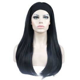 Aimole Long Straight 3/4 Women\'s Wigs Hair Piece Synthetic Hair with Black Headband(1-Black)