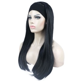 Aimole Long Straight 3/4 Women\'s Wigs Hair Piece Synthetic Hair with Black Headband(1-Black)