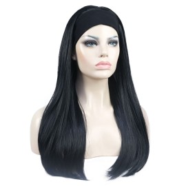 Aimole Long Straight 3/4 Women\'s Wigs Hair Piece Synthetic Hair with Black Headband(1-Black)