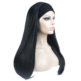 Aimole Long Straight 3/4 Women\'s Wigs Hair Piece Synthetic Hair with Black Headband(1-Black)