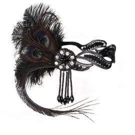JISEN 1920s Flapper Vintage Peacock Feather Gatsby Beaded Tassel Headpiece Black