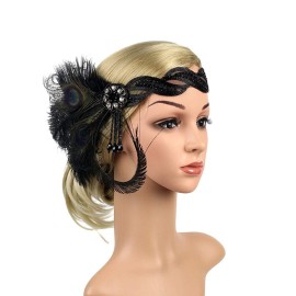 JISEN 1920s Flapper Vintage Peacock Feather Gatsby Beaded Tassel Headpiece Black