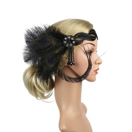 JISEN 1920s Flapper Vintage Peacock Feather Gatsby Beaded Tassel Headpiece Black