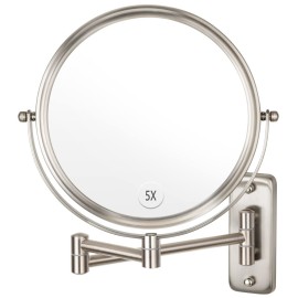 Wall Mounted Makeup Mirror, 1X/5X Magnifying Mirror Double Sided, 8 Inch Extendable Bathroom Mirror for Shaving, Nickel