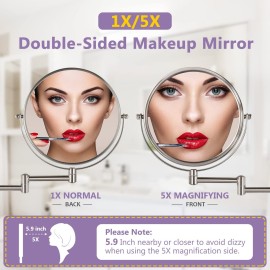 Wall Mounted Makeup Mirror, 1X/5X Magnifying Mirror Double Sided, 8 Inch Extendable Bathroom Mirror for Shaving, Nickel