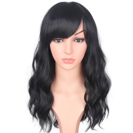 SYMEIW Medium Long Black Wavy Wigs For Women Synthetic Full Hair Natural Black Wigs With Side Bangs For Daily Use 16 Inches (NATURAL BLACK(1))