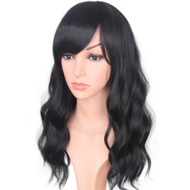 SYMEIW Medium Long Black Wavy Wigs For Women Synthetic Full Hair Natural Black Wigs With Side Bangs For Daily Use 16 Inches (NATURAL BLACK(1))