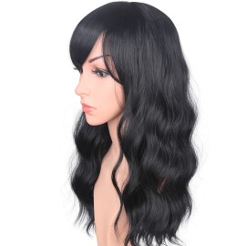 SYMEIW Medium Long Black Wavy Wigs For Women Synthetic Full Hair Natural Black Wigs With Side Bangs For Daily Use 16 Inches (NATURAL BLACK(1))