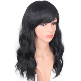 SYMEIW Medium Long Black Wavy Wigs For Women Synthetic Full Hair Natural Black Wigs With Side Bangs For Daily Use 16 Inches (NATURAL BLACK(1))