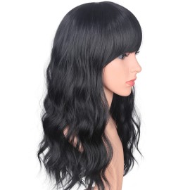 SYMEIW Medium Long Black Wavy Wigs For Women Synthetic Full Hair Natural Black Wigs With Side Bangs For Daily Use 16 Inches (NATURAL BLACK(1))
