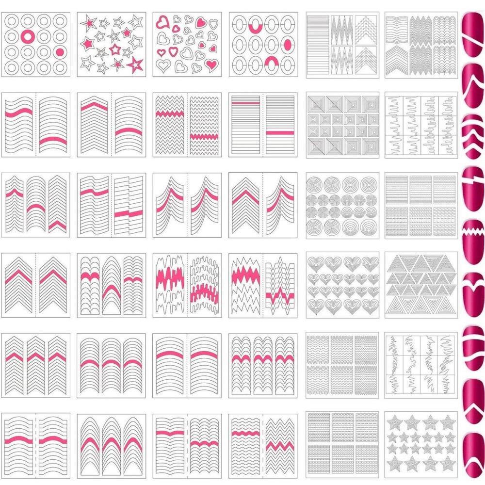 Onwon 1275 Pieces 49 Patterns Designs Nail Art Stencils French TIp Guides, Self-Adhesive Manicure Art Stickers Form Fringe Guides Vinyl, 36 Sheets