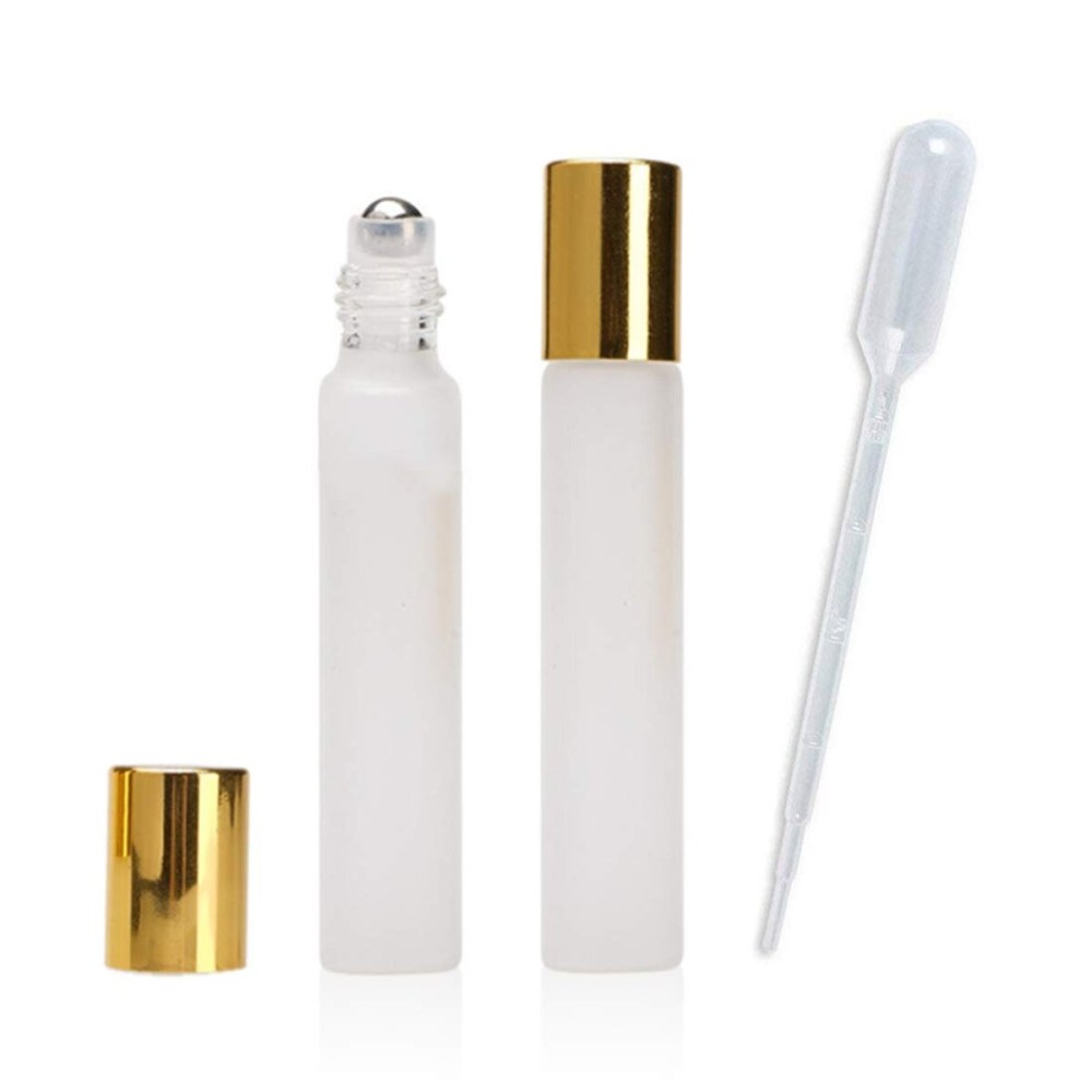 12Pcs 10ml Refillable Empty Frosted Glass Roller Bottles Vials Cosmetic Container with Stainless Steel Roller Ball and Gold Cap for Essential Oils, Aromatherapy, Perfumes and Lip Balms, 3 ml Dropper