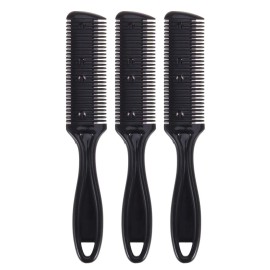 3pcs Haircut Set: Double-Sided Scissors, Stainless Steel Razor, and Plastic Comb for Long and Short Hair Trimming (Black)