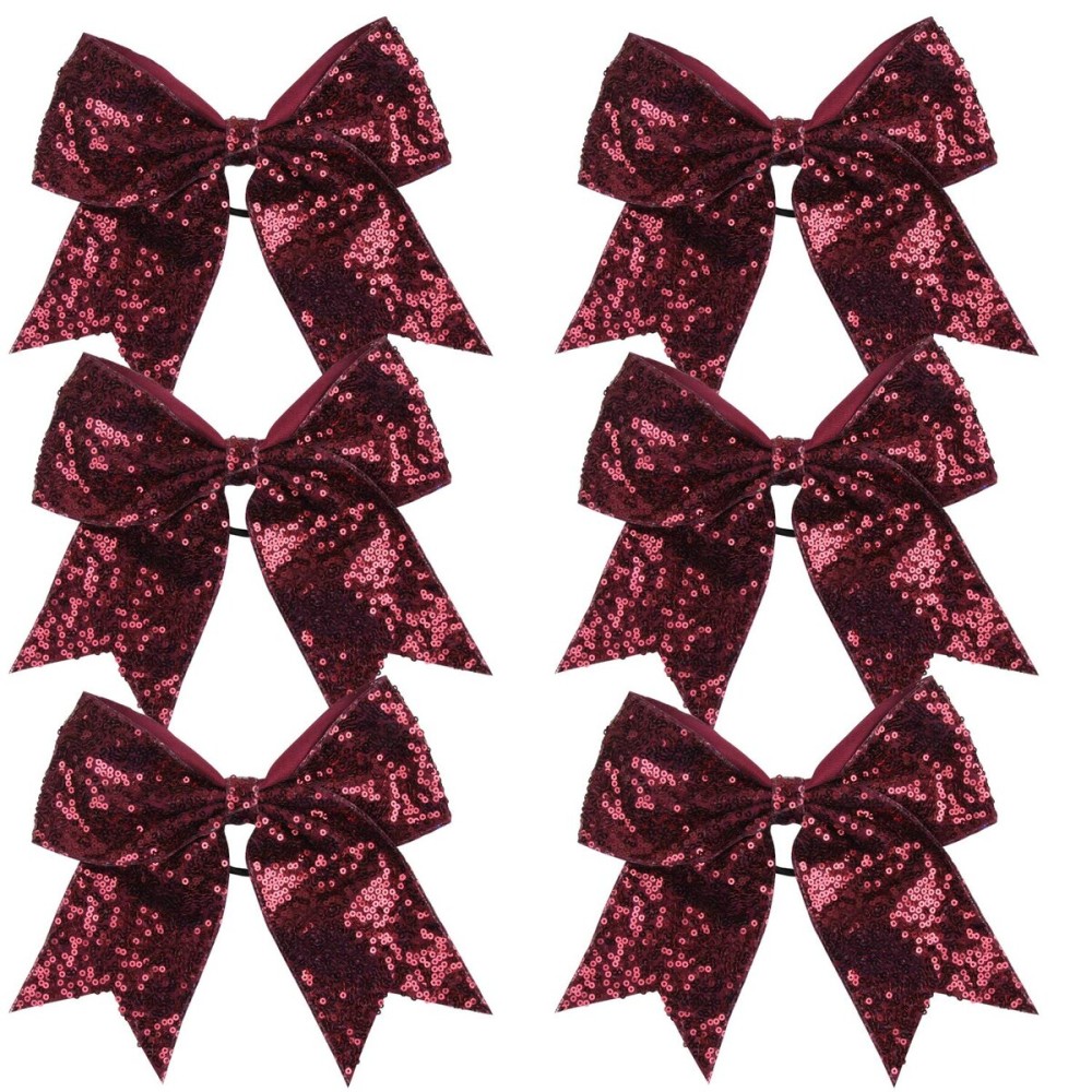 Metallic Sequin and Holographic 8 Inch Cheer Bow Cheerleader Cheerleading Jumbo Cheer Bow Hair Tie(Maroon Sequin)