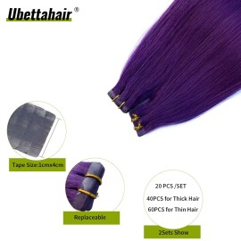 Tape in Hair Extensions Lila 20Inch 20 Pieces/50Gram Silky Straight Seamless Skin Weft Tape in Remy Human Hair Glue in Extensions Purple for Women