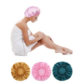 Blulu 3 Pieces Large Sleep Cap Satin Bonnet Night Sleeping Soft Hair Turbans for Women and Girls(Gold, Pink, Peacock Blue)