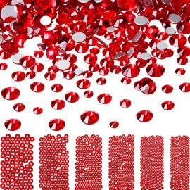 Bememo 3456 Pcs Crystals Diamond Rhinestones AB Clear Flat Back Round Gems Flatback Glass Mixed Size Crystals Gems for Crafts Clothes Shoes Makeup Bags Decor, 6 Sizes(Red)