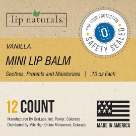 Lip Naturals Mini Vanilla Lip Balm with Sunscreen (SPF-15) | Made in USA with Beeswax & Coconut Oil | 12-Count Pack with Vanilla Bean Flavor (0.10oz/3g Each)