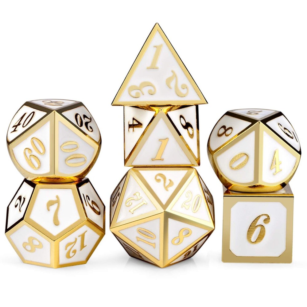 DnDnD White with Gold Number DND Dice Sets,Solid Metal Die with Free Gorgeous Metal Tin for Dungeons and Dragons D&D Role Playing Game Tabletop Games