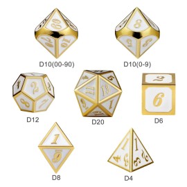 DnDnD White with Gold Number DND Dice Sets,Solid Metal Die with Free Gorgeous Metal Tin for Dungeons and Dragons D&D Role Playing Game Tabletop Games