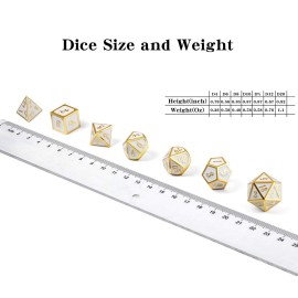 DnDnD White with Gold Number DND Dice Sets,Solid Metal Die with Free Gorgeous Metal Tin for Dungeons and Dragons D&D Role Playing Game Tabletop Games
