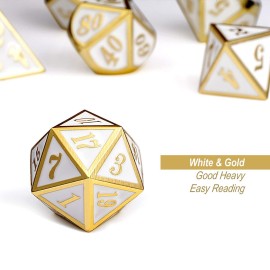 DnDnD White with Gold Number DND Dice Sets,Solid Metal Die with Free Gorgeous Metal Tin for Dungeons and Dragons D&D Role Playing Game Tabletop Games