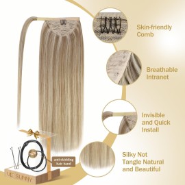 Ve Sunny Human Hair Ponytail Extension Real Human Hair Light Blonde Mix Golden Blonde Highlights Clip in Ponytail Hair Extensions 80g 16inch