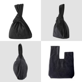 XMRS Women Luxury Velvet Evening Bag Knot Closure Wrist Bag Portable Cosmetic Organizer Pouch (Black)