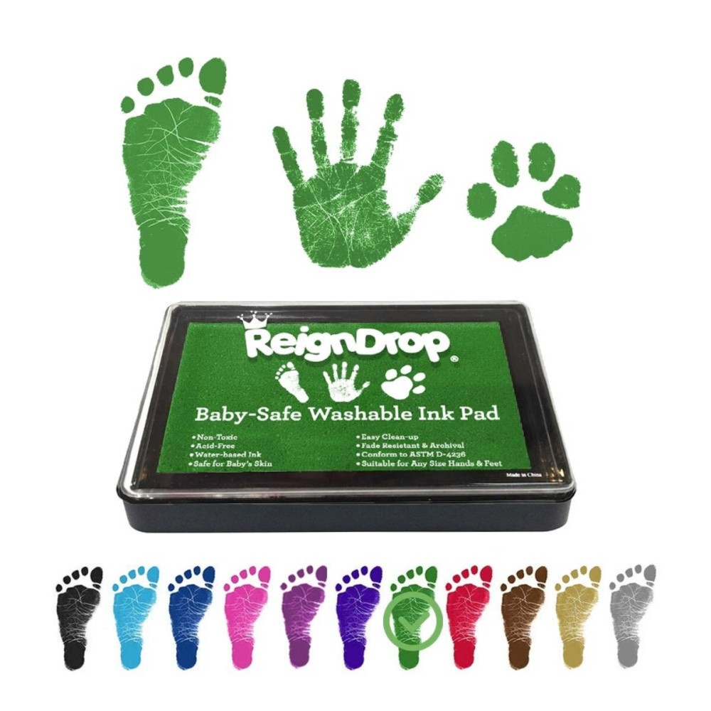 ReignDrop Ink Pad For Baby Footprint & Handprint - Creates Impressive Long Lasting Keepsake Stamp for Infant & Kids. Smudge Proof, Easy to Wipe Off Skin, Safe Gentle Acid Free(Green)