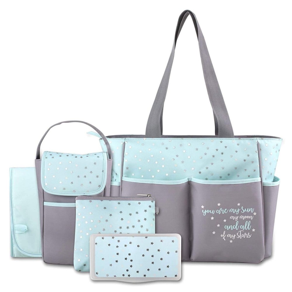 Baby Essentials Diaper Bag Tote 5 Piece Set with Sun, Moon, and Stars, Wipes Pocket, Dirty Diaper Pouch, Changing Pad (Grey/Aqua)