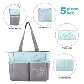 Baby Essentials Diaper Bag Tote 5 Piece Set with Sun, Moon, and Stars, Wipes Pocket, Dirty Diaper Pouch, Changing Pad (Grey/Aqua)