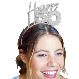RhinestoneSash 50th Birthday Headband Silver - Happy 50 Birthday Tiara Headband for Women - 50th Birthday Gift HdBd(HPPY50) Slv