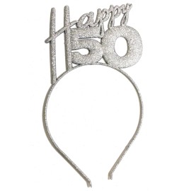 RhinestoneSash 50th Birthday Headband Silver - Happy 50 Birthday Tiara Headband for Women - 50th Birthday Gift HdBd(HPPY50) Slv