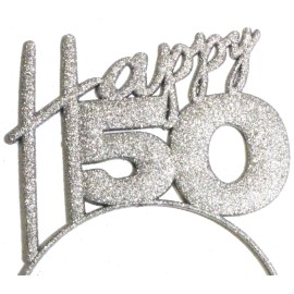 RhinestoneSash 50th Birthday Headband Silver - Happy 50 Birthday Tiara Headband for Women - 50th Birthday Gift HdBd(HPPY50) Slv