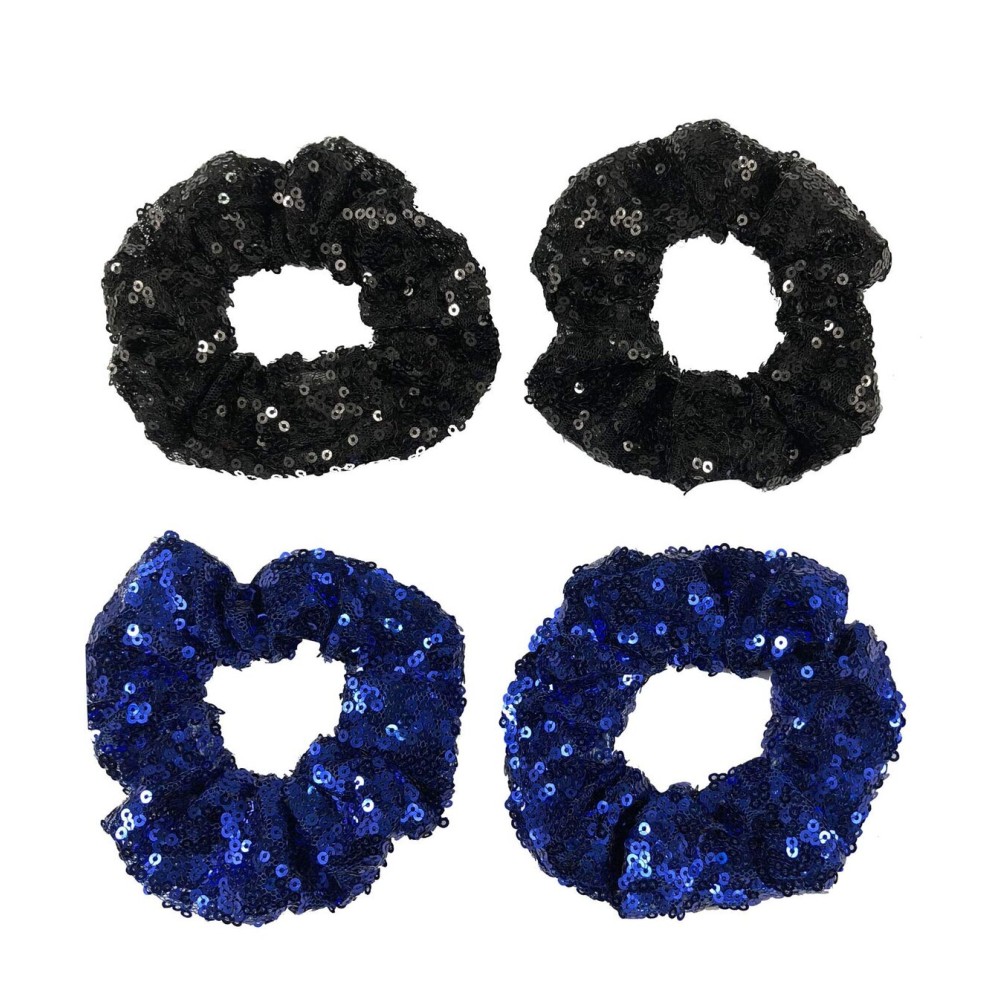 4 Pcs Sequin Hair Scrunchie Hair Bobbles Metallic Elastics Ponytail Holders Hair Wrist Ties Bands Cloth Scrunchies for Show Gym Dance Party Club Girl Women (Black+Blue)