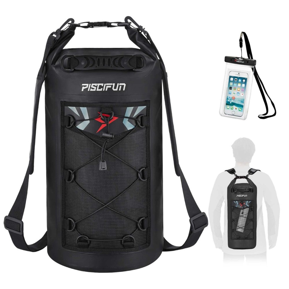 Piscifun Dry Bag, Waterproof Floating Backpack 30L with Waterproof Phone Case for Boating, Kayaking, Fishing, Black 30L