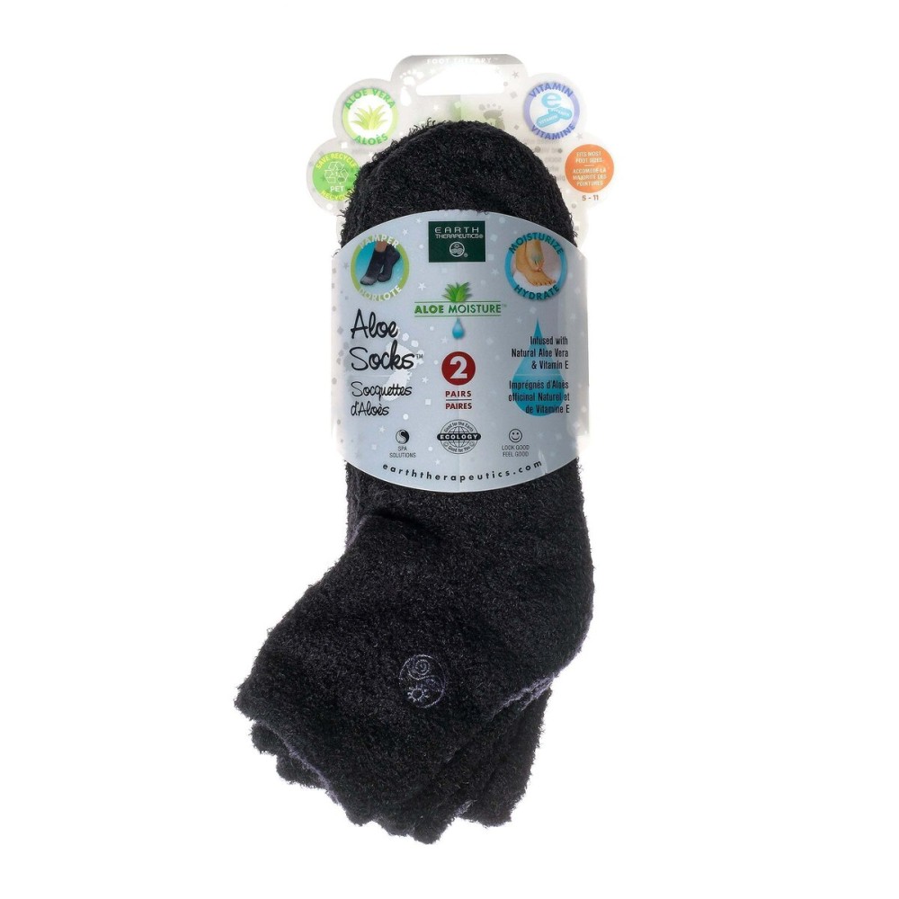 Earth Therapeutics Aloe Vera Socks - Infused with Natural Aloe Vera & Vitamin E - Helps Dry Feet, Cracked Heels, Calluses, Dead Skin - Use with Your Favorite Lotions - Black/Black (2 Pairs)